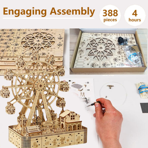 Ferris Wheel Music Box Model with LED Light 3D Wooden Puzzle DIY Assembly Building Kit Home Decoration Crafts Adults Kids Gift