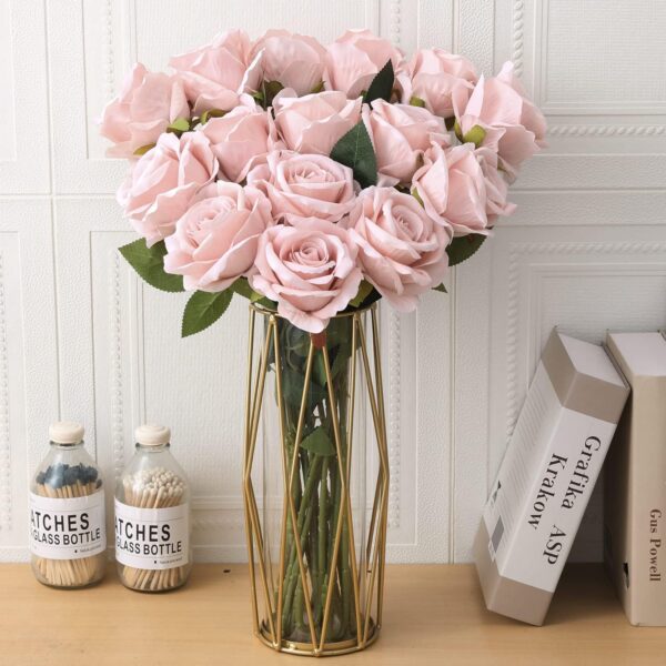 15Pcs Artificial Roses Velet Real Touch Single Stem Fake Roses Silk Realistic Bouquet Flowers Arrangements Home Office Garden Grave Party Wedding Decoration(Light Pink-15p, Blossom Roses)