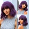 5c6e468b48069534 HAIRCUBE Synthetic With Bangs Short Bob Pink Wigs Curly Wavy Shoulder Length Cosplay Daily Colorful Wig