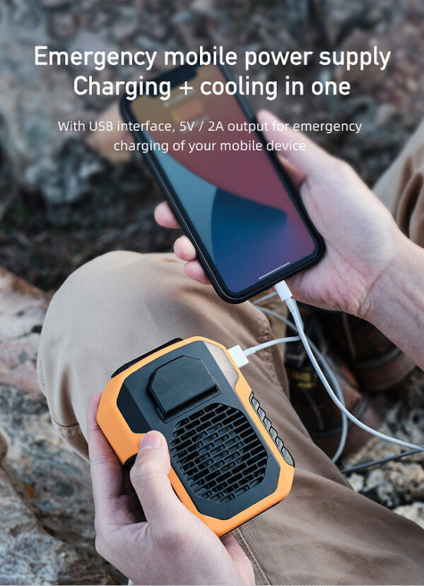 5d3a5ab50622eb55 Outdoor Waist Mounted Polymer Battery Anti Drop Shock Absorption USB Portable Power Bank with Bladeless Hanging Neck Fan