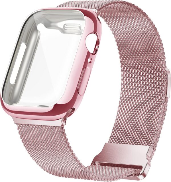 Geoumy Metal Magnetic Bands Compatible for Apple Watch Band 38mm with Case, Stainless Steel Milanese Mesh Loop Replacement Strap Compatible with iWatch Series 8/7/6/5/4/3/2/1 SE Women Men, Rose Gold