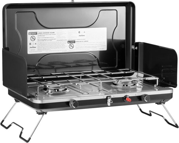 Camping Stove, 3 Burners Propane Portable Camp Stove with Regulator, Push-Button Instant Ignition, Adjustable Burners & Wind Guards for Car BBQ Picnics Outdoor Cooking (BLACK-20400 BTUs)