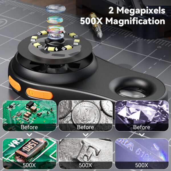 2.0inch 500X Digital Microscope 1080P Video Coin Microsco with Magnifying Glass Wiht 8Leds for Electronics Repair Windows/