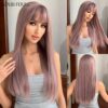5f490c56d4423ba6 FERRE Black Pink Ombre Synthetic Cosplay Long Straight Layered Wigs with Bangs for Women Heat Resistant Fake Hair