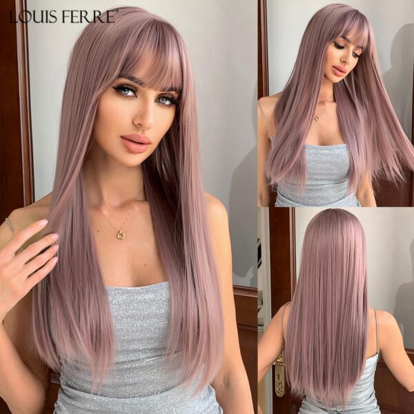 5f490c56d4423ba6 FERRE Black Pink Ombre Synthetic Cosplay Long Straight Layered Wigs with Bangs for Women Heat Resistant Fake Hair