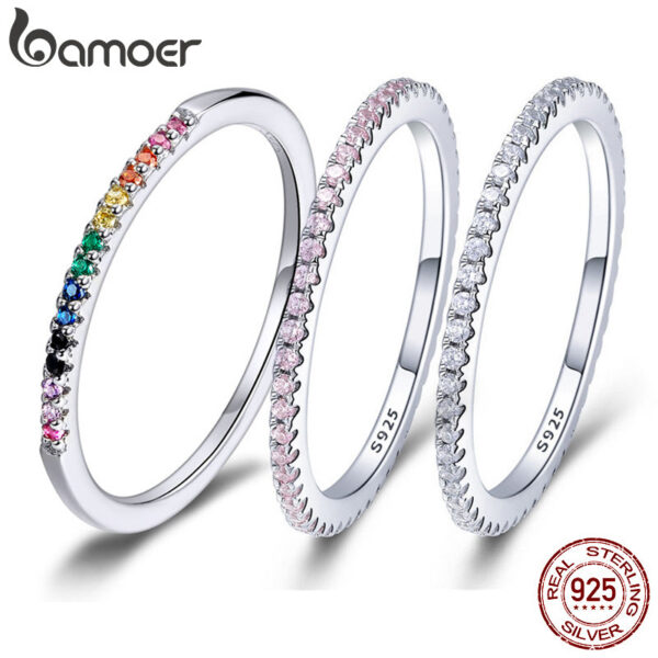BAMOER Sterling Sier CZ Simulated Diamond Stackable Ring Platinum Plated Eternity Bands for Women