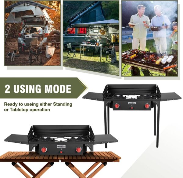 5fe9bcfdbc4cc58d 2 Burner Gamping Stove with Windpanel& Side Shelves, Bag, Auto Ignition Button,Regulator,150,000 BTU Camping Stove Propane Burner for Outdoor BBQ&Backyard Cooking Camping Home