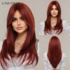 5fff8a8d6cd9eb7d FERRE Black Pink Ombre Synthetic Cosplay Long Straight Layered Wigs with Bangs for Women Heat Resistant Fake Hair