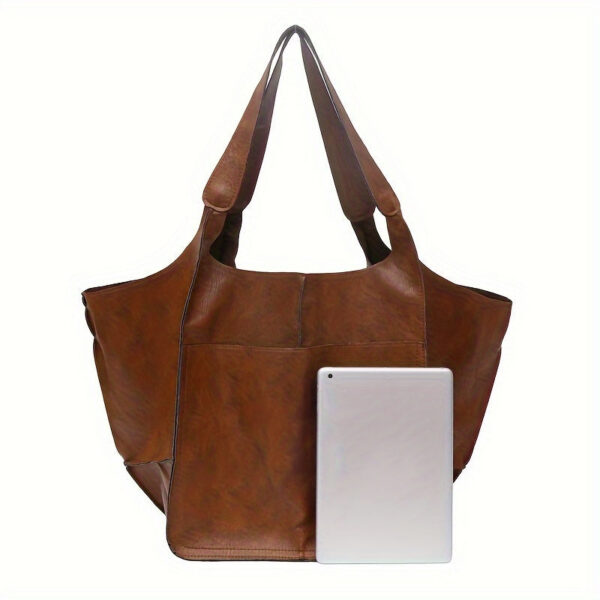 6004ba18aeeadb98 Large Capacity Retro Tote Bag, Soft PU Leather Shoulder Bag, Stitching Handbag For Work Travel Shopping