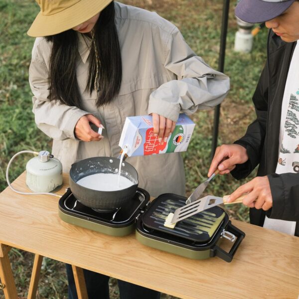 Naturehike Outdoor Camping Gas Stove Foldable 2 in 1 Burner with Grill Plate Portable Camping Gas Stove 2 Adjustable Burners Piezo Ignition Compatible with Isobutane Fuel Mix