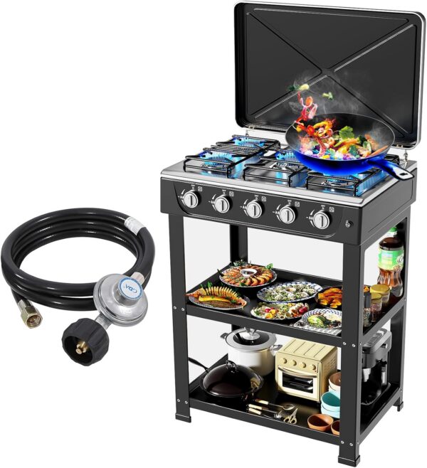 60882adb7b26d14e Propane Gas Stove-300000BTU Portable Gas Stove with Support Leg Stand and Wind Blocking Cover Adapter Auto Ignition Camping Stove 4 Burner LPG for RV, Apartment, Outdoor Cooking