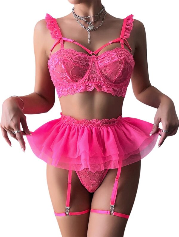 Lilosy Sexy Push Up Garter Skirt Strappy Lingerie Set