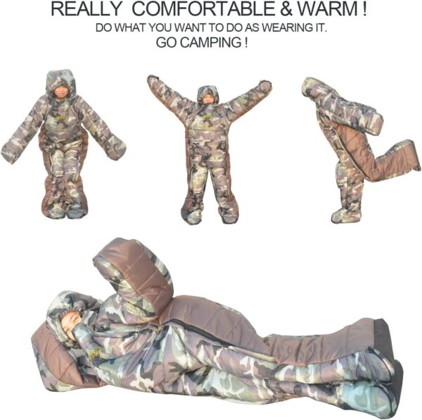 613bf345c160e511 72" Large Wearable Human Sleeping Bag Zipped Foot Opening Design Free Size Ultralight Hoodie Quilted Warm Thermal Coat for Adults Winter or Outdoor 4 Season Camping