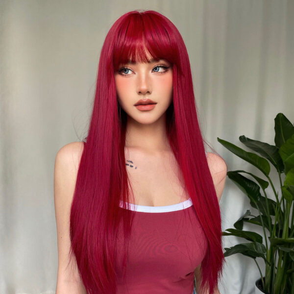 615328ea8a9cd1da Light Wine Red Synthetic Wigs With Bangs for Women Long Straight Hair Wig Natural Cosplay Party Heat Resistant