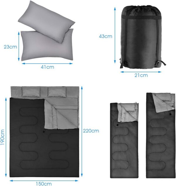 COSTWAY Double Sleeping Bag, Extra Large - 220 x 150 cm - Converts into 2 Singles, Waterproof Sleeping Bag with Free Pillows and Carrying Bag for Camping, Hiking