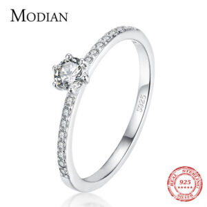 Modian Solid Sterg Sier Simple Round Clear CZ Finger Rings For Women & Girls Cassic Wedding Statement Fine Jewelry Gift