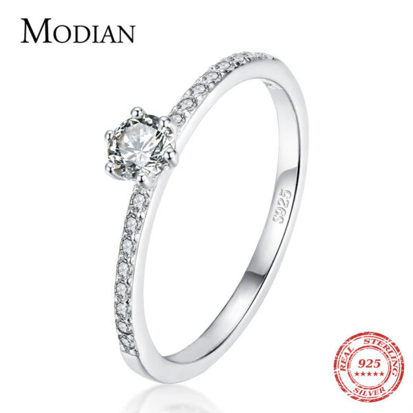 Modian Solid Sterg Sier Simple Round Clear CZ Finger Rings For Women & Girls Cassic Wedding Statement Fine Jewelry Gift