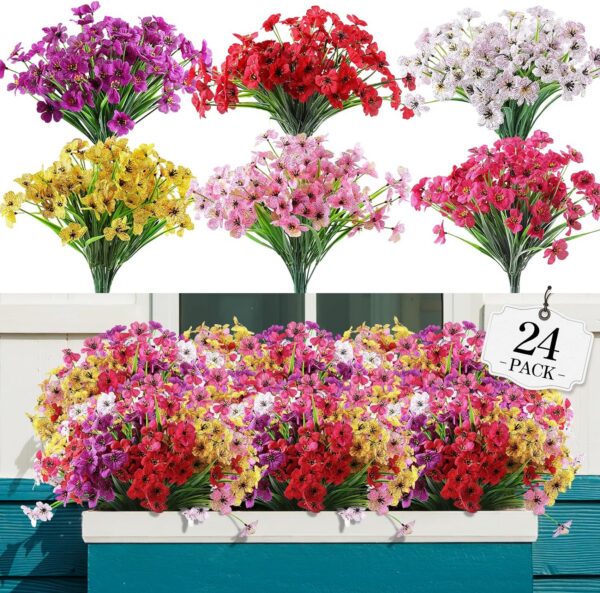 61fcad3ef3117a81 24 Bundles Artificial Flowers for Outdoor,No Fade Fake Plastic Flowers Faux Plants for Decoration Hanging Planters Indoor Outside Garden Porch Window Box Home Wedding Farmhouse