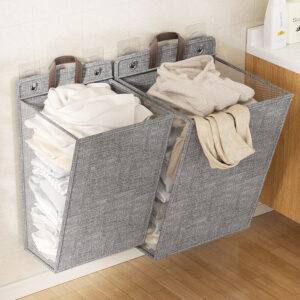 620d613c87b8df24 1pc Foldable Adhesive Laundry Basket Hamper, Multifunctional Punch Free Wall Hanging Washing Clothes Mesh Hook Organizer