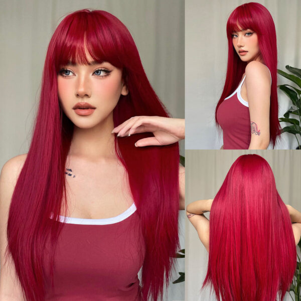 6229002c3d201aa3 Light Wine Red Synthetic Wigs With Bangs for Women Long Straight Hair Wig Natural Cosplay Party Heat Resistant