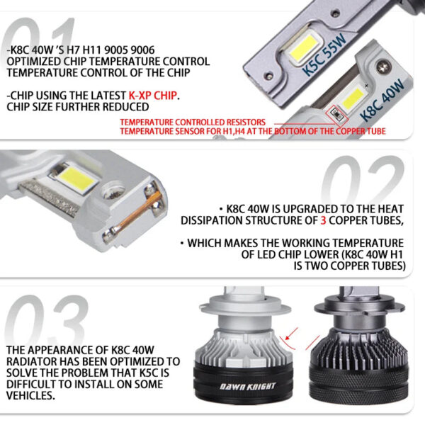 626a050e9a8b2c72 DAWNKNIGHT K8C 40W K7C Led Long Life Version H7 H4 H11 Led Headlight Bulb 3 Copper Tube Led Lights For Car H1 HB3 9005 HB4 9006
