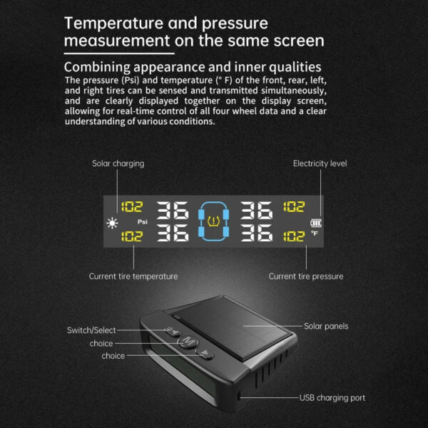 626af27018910cb5 TPMS Tire Pressure Monitoring Car Safety Alarm System Wireless Solar/USB Powered 4 Sensors with Color Digital Display