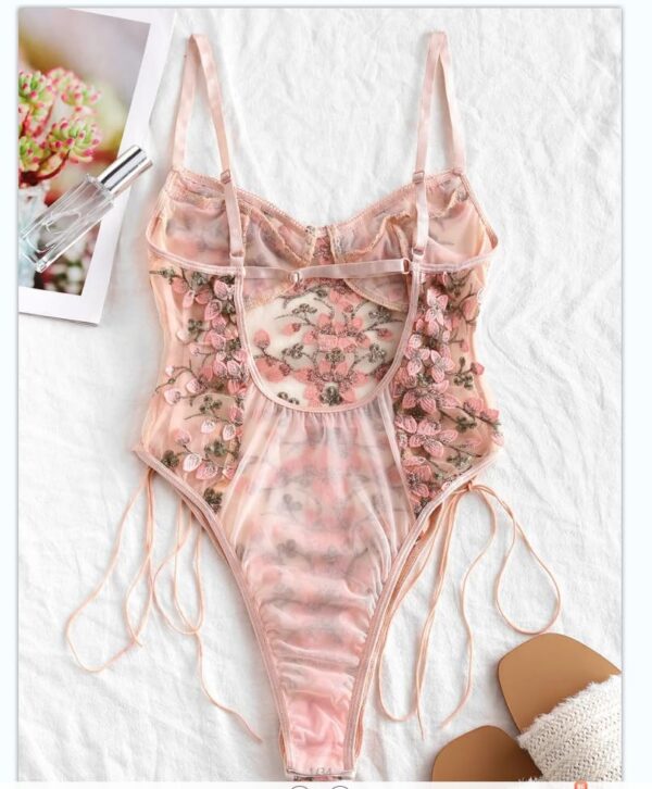 62dcb74f894a6267 Lilosy Women Sexy Lace Up Floral Embroidered Teddy Lingerie Bodysuit Top Mesh Sheer One Piece