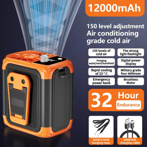 Mini high-speed waist fan, bladeless USB hanging neck fan, outdoor multifunctional mobile power lighting digital display fan