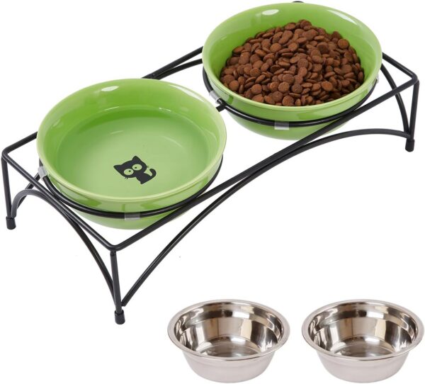 6326b1d3df0d6df7 FOREYY Elevated Cat Bowls with 2 Ceramic Bowls and 2 Stainless Steel Bowls,Raised Cat Food Water Bowl with Iron Stand,Porcelain Pet Dishes for Cats and Small Dogs,16 Ounces,Dishwasher Safe(Gray)