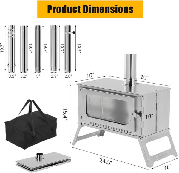 Portable Hot Tent Stove,Wood Burning Stove for Camping, Tent Stove With View Glass, Large Stainless Steel Camping Stove With 5 Chimney Pipes for Outdoor Heating and Cooking