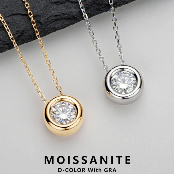 Lnngy 6.5mm Round Bezel Moissanite Pendant Necklace For Women 925 Sterling Silver Clavicle Chain Necklaces Jewelry Collare Mujer