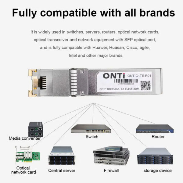 ONTi 10G RJ45 Copper SFP+ Module 10GBase-Tx Ethernet Fiber Optic FTTH Compatible with Cisco/Mikrotik Switch 30m / 80m