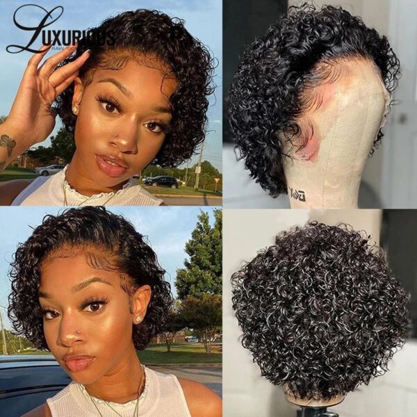 63eb833691572b9f Pixie Cut HaiShort Curly Front Human Hair For Women Brazilian Water Wave Bob Wig 13x1 Transparent Lace Wigs