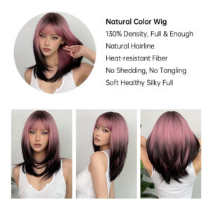 63fd3b55ffbcfb10 FERRE Black Pink Ombre Synthetic Cosplay Long Straight Layered Wigs with Bangs for Women Heat Resistant Fake Hair
