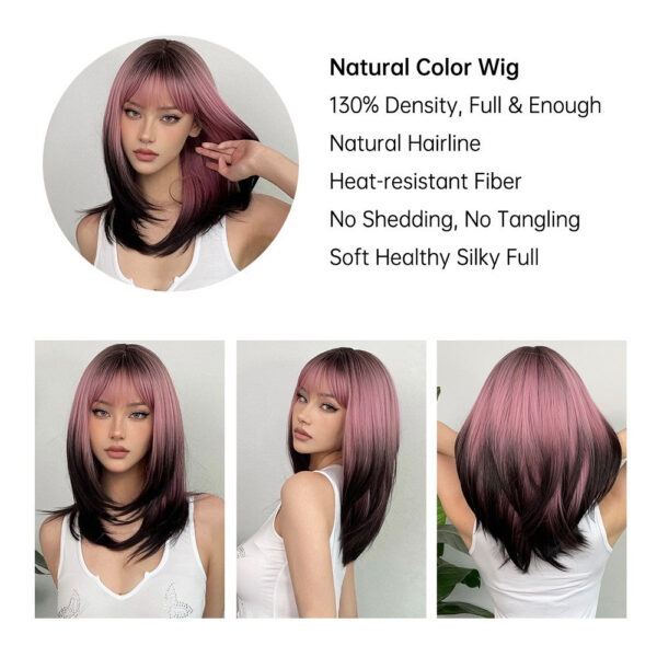 63fd3b55ffbcfb10 FERRE Black Pink Ombre Synthetic Cosplay Long Straight Layered Wigs with Bangs for Women Heat Resistant Fake Hair
