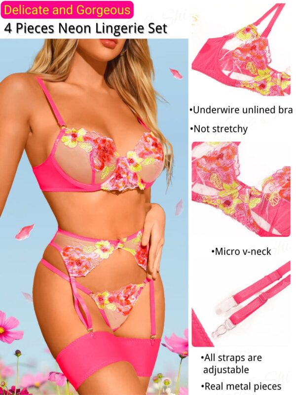 640591ef2b4d6388 Kaei&Shi Floral Embroidered, Underwire, G-String, Garter Belt, 4 Pieces Lingerie
