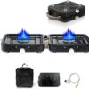 643801f51e707d5b 2 Burner Propane Stove with Grill, 18,000 BTU, Portable Camping Stove, Foldable Camp Stove, Gas Stove with 2 Adjustable Burners, Piezo Ignition & Easy Carrying Handle (Green)
