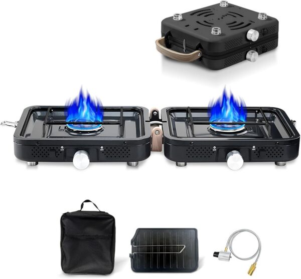 643801f51e707d5b 2 Burner Propane Stove with Grill, 18,000 BTU, Portable Camping Stove, Foldable Camp Stove, Gas Stove with 2 Adjustable Burners, Piezo Ignition & Easy Carrying Handle (Green)