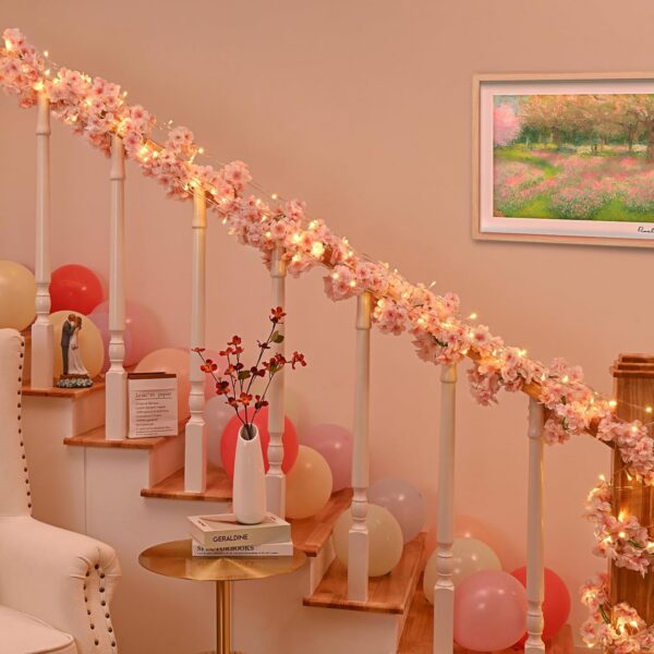 Sunm Boutique 8-Pack 47.2 Ft Artificial Cherry Blossom Garland Cherry Blossom Hanging Vine with 65.6 Ft Long 160 LED String Lights Silk Sakura Vines Garland for Wedding Party Home Decor, Pink