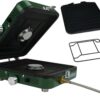 650a8bc827a035ea 2025 Update Portable 2 Burner Propane Camping Stove with Barbecue Plate - 17200 BTU High Output, Two Adjustable Burners, Easy Carrying Handle & Inlet Gas Pipe (GREEN)