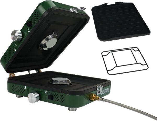 650a8bc827a035ea 2025 Update Portable 2 Burner Propane Camping Stove with Barbecue Plate - 17200 BTU High Output, Two Adjustable Burners, Easy Carrying Handle & Inlet Gas Pipe (GREEN)