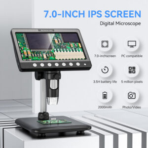 7Inch IPS Digital 5MP 1200X Ultra-Precise Focusing Camera 1080P Video Microscope 8 LED Lights for Coin Circuit