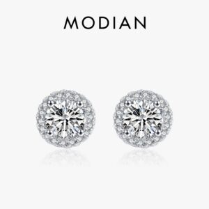 Modian Real 925 Sterling Silver Luxury Simple Cubic Zirconia Stud Earrings for Women Round CZ Wedding Statement Jewelry Gifts