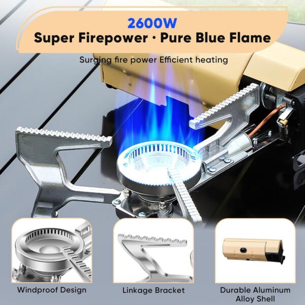 Jargrovs Camping Gaskocher,Portable Gas Camping Stove,Faltbarer Campingkocher mit Tragetasche,2,6 kW Windschutz Gaskocher, kompakter campingkocher gas für Camping,Wandern und Partys (Khaki)