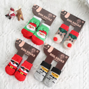 656c354d65de8d7d 4Pcs/set Autumn Winter Pet Dog Socks Anti-Slip Knitted Small Dogs Shoes Thick Warm Paw Protector Cute Puppy Cat Indoor Wear Boot