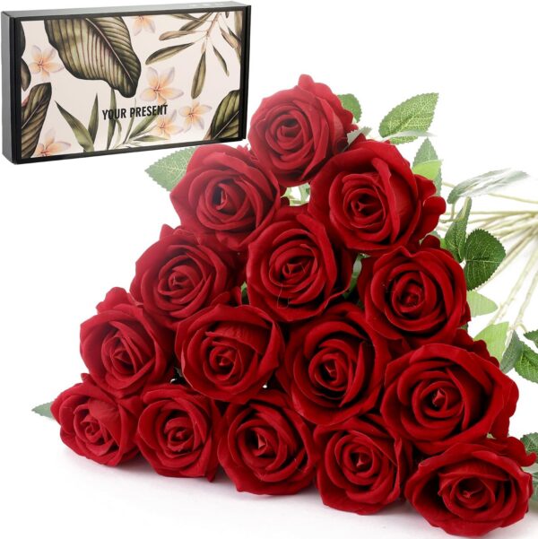 15Pcs Artificial Roses Velet Real Touch Single Stem Fake Roses Silk Realistic Bouquet Flowers Arrangements Home Office Garden Grave Party Wedding Decoration(Light Pink-15p, Blossom Roses)