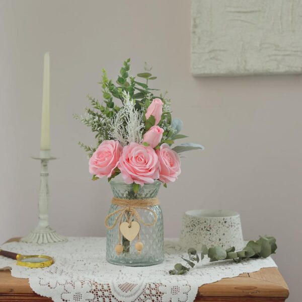 Faux Flowers with Vase,Artificial Silk Roses in Vase, Fake Plant Eucalyptus Flower Arrangement for Home Office Farmhouse Bathroom Dining Table Centerpiece Decorations Coffee Table Decor (Burgundy)