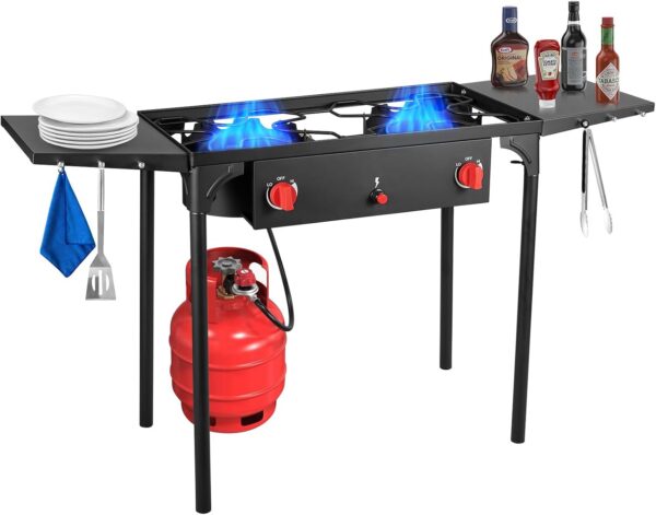 6667a9205c857f7f 2 Burner Gamping Stove with Windpanel& Side Shelves, Bag, Auto Ignition Button,Regulator,150,000 BTU Camping Stove Propane Burner for Outdoor BBQ&Backyard Cooking Camping Home
