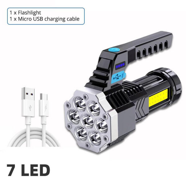 66894915475a09cc High Power Rechargeable Led Flashlights 7LED Camping Torch With Cob Side Light Lightweight Outdoor Lighting ABS Material