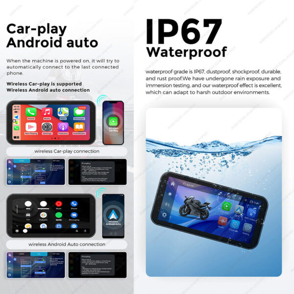 669c311643744660 Portable 6.25 inch IP67 Waterproof Motorcycle GPS Navigation Wireless Carplay Android Auto DVR Drive Recorder Moto Monitor WIFI